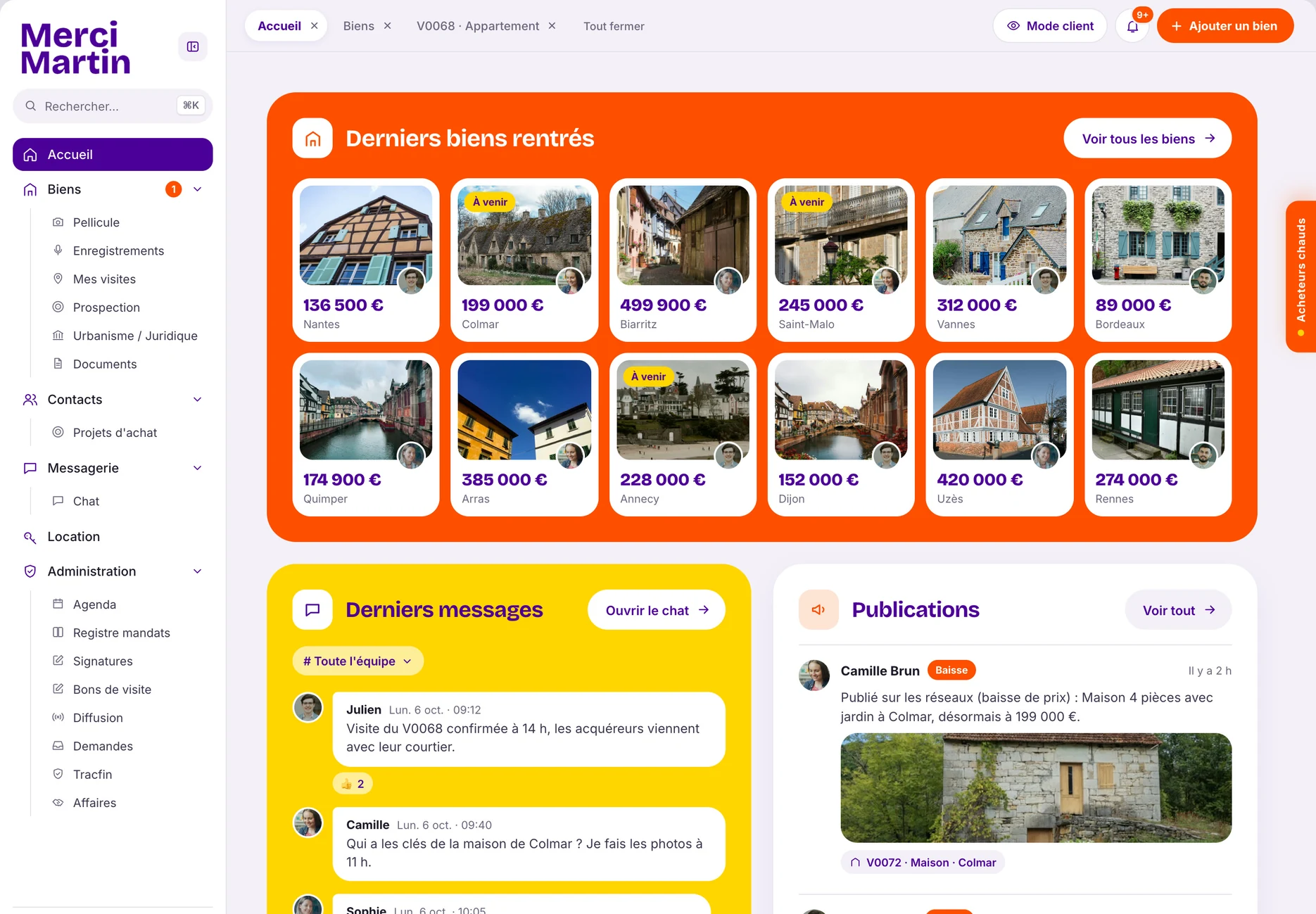 L’accueil du logiciel Merci Martin : derniers biens rentrés, messages de l’équipe, publications